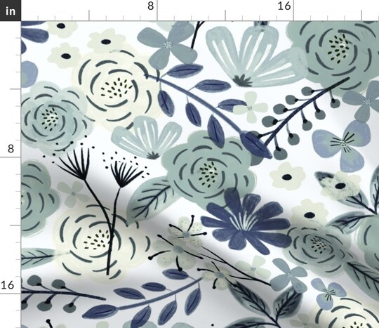 Blue Boho Floral Sage Green Wilderness Large Scale Navy Custom Printed Fabric by Spoonflower Various Fabrics by the Yard or Fat Quarter